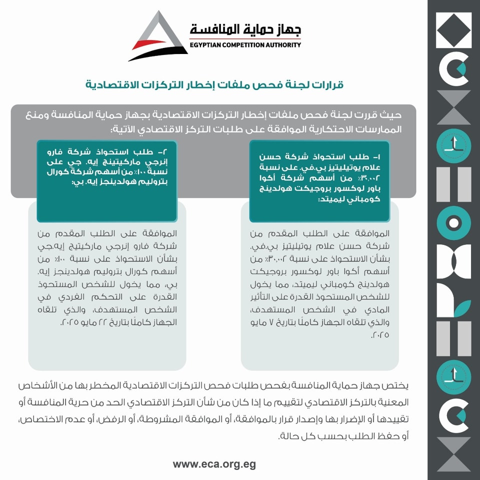 حماية المنافسة يوافق على استحواذ حسن علام 30% من أسهم أكوا باور